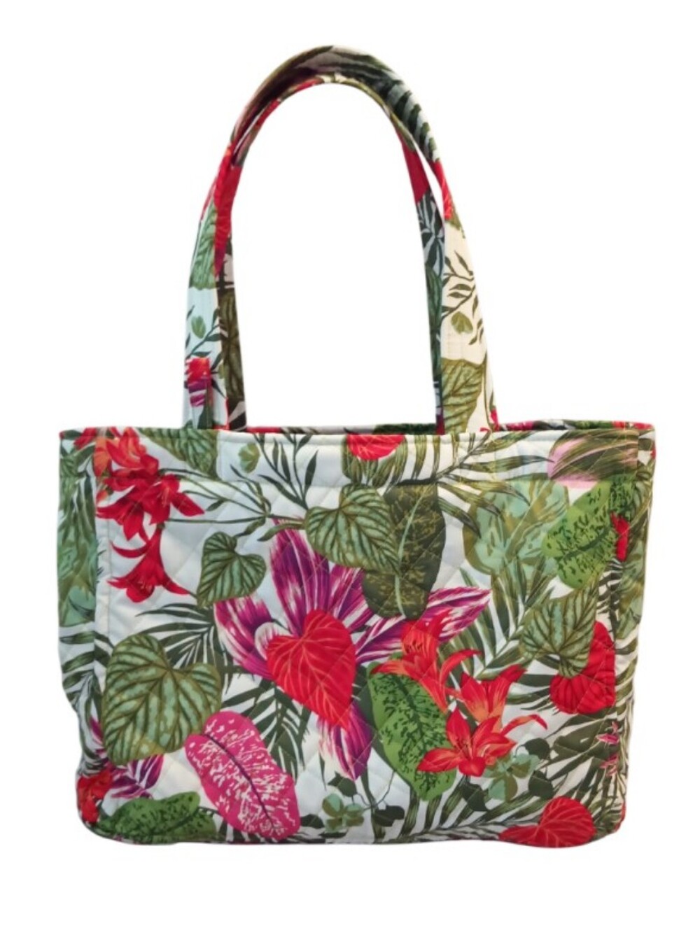 Tropical Floral Quilted Tote Bag - Green & Red Hawaiian Handmade